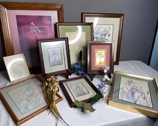 Irises & More Irises
Nine (9) framed irish prints of various sizes wooden & metal frames: Largest H24" x W20" (glass/picture loose from frame & scuffing/scratching on frame) Smallest: H8" x W6" metal frame. Two (2) metal sculptures H17" One (1) bone china iris. Pieces show various signs of wear.