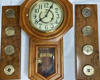 Regulator Clock & Weather Stations
Wooden Regulator windup clock by D&A; Two (2) battery operated wooden weather stations (quartz clock, hygrometer, thermometer & barometer). No visible damage seen.