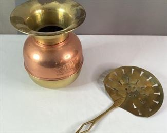 Brass/Copper Colored Spittoon
One (1) brass/copper colored spittoon & metal handled skimmer. Scuffs & scratches on both items.