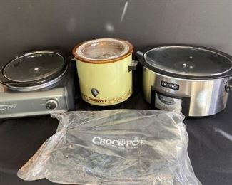 CrockPots
Three (3) crockpots (see photos for sizes). Unknown working condition. Includes cover (new in plastic) for transporting foods.
