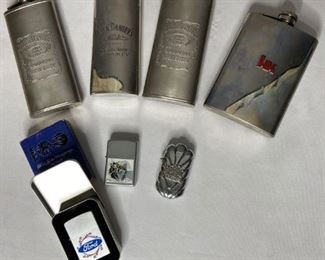 Metal Flasks & Lighters
Four (4) metal flasks labeled Jack Daniels & HK. Three (3) lighters: one (1) Ford Motor Company commemorative 100 years Zippo lighter in box. Good condition.