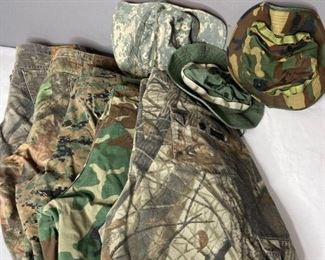 Green Camouflage Pants & Hats
Five (5) pairs of camouflage pants: Wrangler size 42" x 32"; Liberty XL Regular Waist 40"-42"; Tri-Spec XL Regular Waist 29-1/2" to 32-1/2" Inseam 39"; DuxBak (no size visible); Camouflage Pattern Combat (no size visible). Three (3) hats: one (1) Propper 7-1/2; other two (2) no visible manufacture/size. Used condition, no visible rips or tears