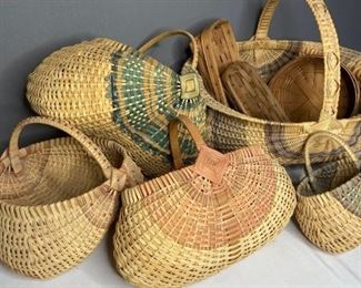 Longaberger Baskets
Three (3) Longaberger baskets: one (1) H4" x 10" diameter, two (2) rectangular H3" x W15" x D8" & H3" x W11" X D5" in good condition. Five (5) baskets appear handmade: four (4) signed by ADA & dated, one by Sue #310 dated 1989. Good condition