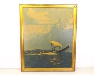 Vintage Large Wood Framed Northern Pacific Railway R.R. Alaska Print on Board