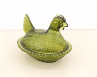 Vintage Green Glass Covered Nesting Hen Chicken Bowl
