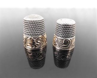 2 Antique Simons Brothers Gold Rimmed .925 Sterling Silver Thimbles