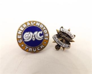 2 Vintage GMC Trucks and Plymouth Sales Award Pins
