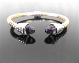 14k Yellow Gold Sterling Silver Accented Designer Amethyst Hinge Bracelet
