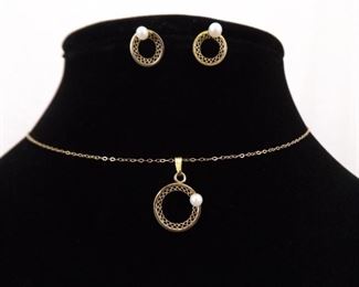 14k Yellow Gold Genuine Pearl Filigree Hoop Pendant, Necklace, Earrings Set