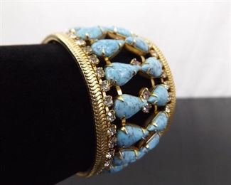Vintage Hobe Pink Rhinestone Blue Howlite Thick Gold Bracelet