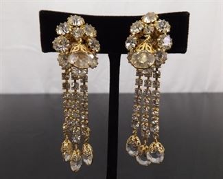 Vintage Hobe Crystal Gold Dangle Ballroom Clip Earrings