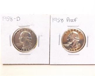 1958 D and Proof US Silver Washington Quarters