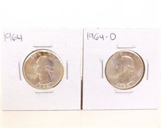 1964 P and D US Silver Washington Quarters