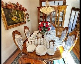 Here is the dining room table and china hutch to be the envy of many!  Seats six in short form and would seat 10 comfortably with the leafs - table has two leafs  as well as room for a couple of full sets of China in the hutch