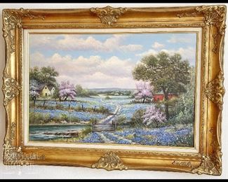 This is an exquisite W.R.  Thrasher Springtime painting with the blue bonnets and the red buds in bloom in the setting of a form going across a stream. Oil on canvas, real deal. 24” x 36” canvas 