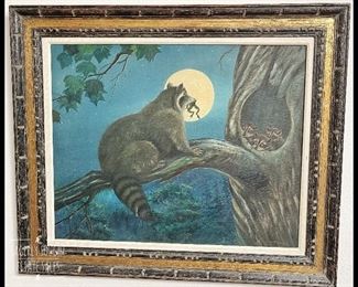 Oil on canvas W. R. Thrasher painting of a raccoon measures approximately 24“ x 32“