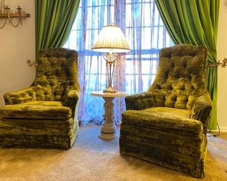 Pair Vintage Bassett Avocado Green Velvet Upholstered Highback Chairs