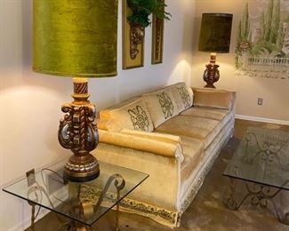 Highland House of Hickory Velvet Upholstered Sofa | Pair of Unique Midcentury Lamp