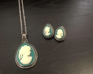Cameo pendant and earrings