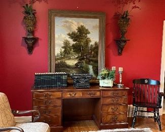 Beautiful office with mahogany desk, large oil painting and antique typewriter.  More high- end accessories 
