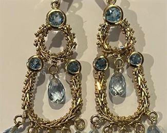 Large 14KT gold and blue topaz chandelier earrings
