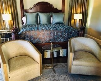 Custom made  furniture  including  this  Kemp Mowdy Designs  of Louisiana king  bed made of Crotch Mahogany.  The  bed includes  new mattresses  and designer bedding