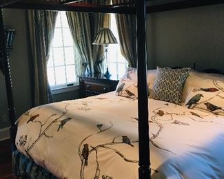 King size four poster bed with new mattresses and custom bedding 