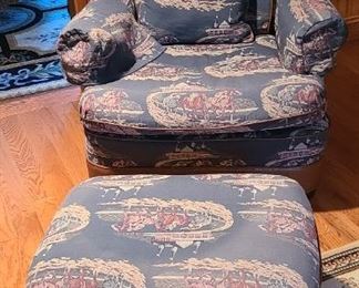 Upholstered chairs and ottoman with horse print