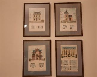Beautiful 1870s French architectural color lithograph illustrations of fantasy villas with plans in handsome frames