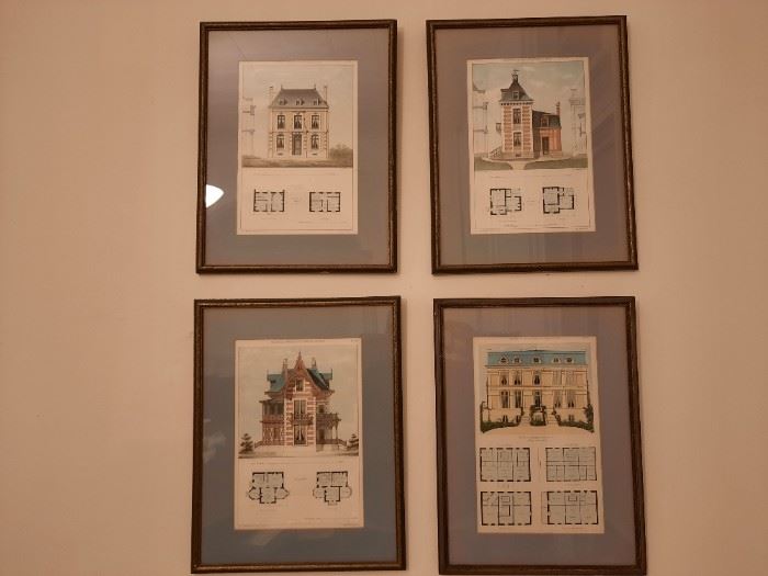 Beautiful 1870s French architectural color lithograph illustrations of fantasy villas with plans in handsome frames