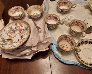A small sample of the massive collection of 18th, 19th, and 20th  century porcelain, bone China, and stoneware from the best Staffordshire and other UK artisans.  Tons of tea cups and bowls with ornate Saucers.  Also Chinese,  Danish, French, German, and American treasures --  all at lowest prices.  Great holiday gift ideas ( just add a tin of tea!).......