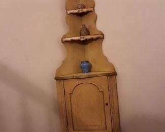 Cottage curio corner cabinet,  painted wood, adorable scale & detailing,   appx  70 inches tall.  Appx 75 years young.
