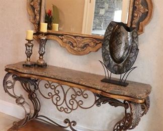 Marble Top Ornate Console Table & Gold Leaf Mirror 