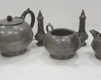 ANTIQUE PEWTER TEAPOT, CREAMER AND SUGAR, SHAKERS