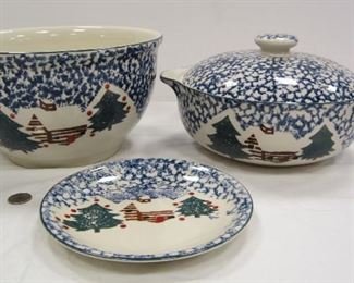 TIENSHAN CABIN IN THE SNOW PATTERN LARGE MIXING BOWL, COVERED DISH AND PLATE