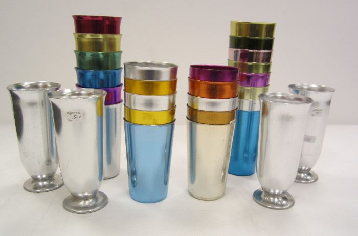MID CENTURY COLORED ALUMINUM DRINKWARE BASCAL MADE IN ITALY, SUNBURST, AND KROMEX