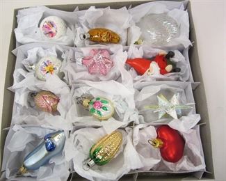 ASSORTED ORNAMENTS: 9 BLOWN GLASS, 1 IRIDESCENT GLASS SHELL, PAPER STAR, GNOME CANDLE HUGGER.