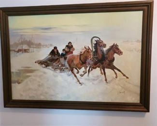 Oil on Canvass - Winter Sleigh Scene by Kamick