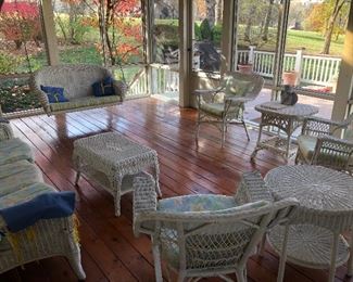 #1) 8-Piece White Victorian Wicker Indoor/Outdoor Furniture Set Priced by the Piece. Pieces include (1) 3-person sofa- $350. (2) 2-person hanging porch swing - $275 (3) and (4) two different stationary chairs - $150 each. (5) rocking chair - $225. (6) rectangle end table - $100. (7) round side table- $150. (8) rectangle coffee table- $150. Purchase the entire 8 piece set for $1500. All of the sofas porch swings and chairs include seat and back cushions. All the cushions are matching or complementary. The entire set is in perfect condition, just like new. The cushions are in excellent condition.