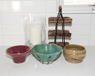 Large Hurricane Candle, Pottery Bowls And 3 Tier Wicker Server