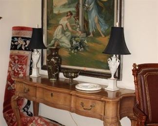 Antique Oil Painting, Sofa Table, Vases, Lamps, Large Area Rug