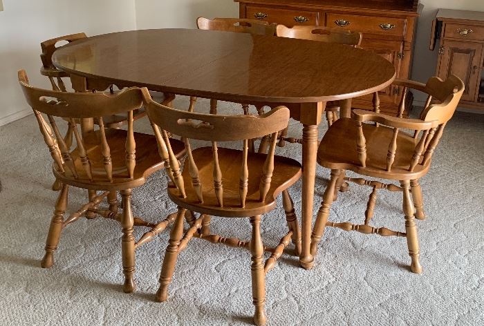 Vintage Young Republic Solid Maple Dining Table w Chairs, Hutch