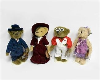 4 Brass Button Plush Bears with Stands