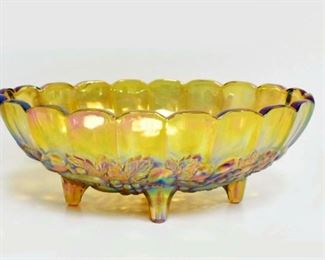 Marigold Carnival Glass Oval Bowl with 4 Legs