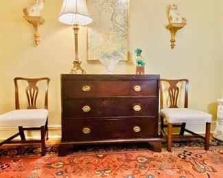 19th c. Chest with brush slide, pair of custom upholstered continental chairs