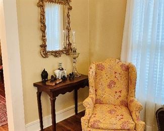 Baker down cushion wingback chair, Chippendale mirror