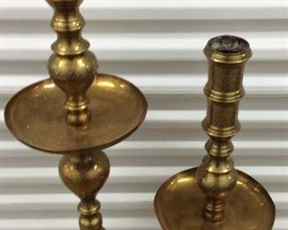 LOT#6- Two brass floor candle holders 30 inches and 40 inches with moderate wear and some warping  $40.00 pair