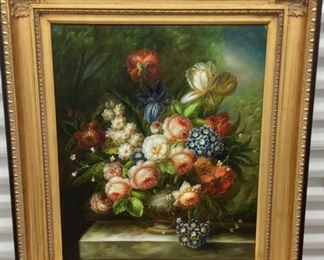 LOT#9- Decorative oil on canvas floral 24 inches by 20 inches with a 4.5 inch frame    $35.00
