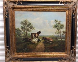 LOT#10- Decorative oil on canvas pastoral cows 23 inches by 20 inches with a 6 inch frame $85.00