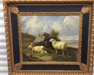 LOT#11- Decorative oil on canvas pastoral sheep 23 inches by 20 inches with a 6 inch frame  $85.00